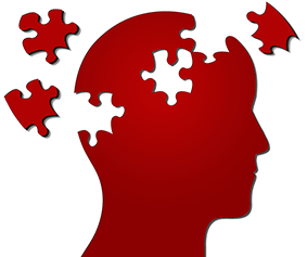 A red silhouette profile of a head representing a jigsaw puzzle with pieces missing.