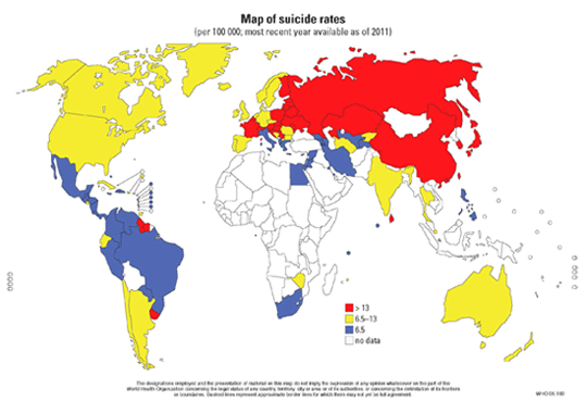 A world map of suicide rates.