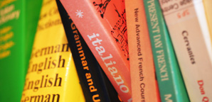 Brightly-coloured language books on a bookshelf, including German, Italian, French and Spanish titles.