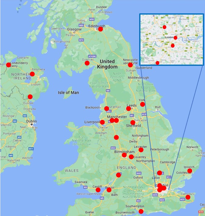 Map of the United Kingdom with pins on recruitment centres for the Prepare for Kidney Care study