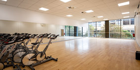 Studio 2 in the indoor sports centre with exercise bikes inside. 