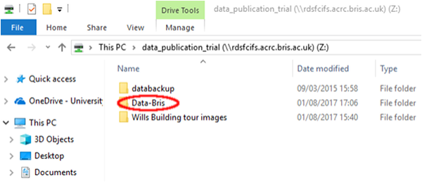 Screenshot of the data-bris folder in a sample RDSF project
