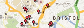 A section of the map of Bristol with key locations highlighted.