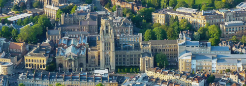 A low oblique view of the Wills Memorial Building and surrounding area on a sunny day.