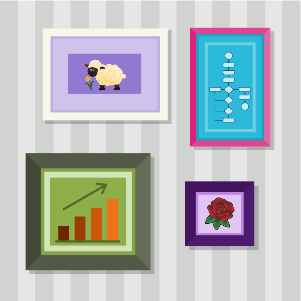 Four framed images of different types on a wall: A sheep looking at a flower, a flowchart, a bar chart and a rose.
