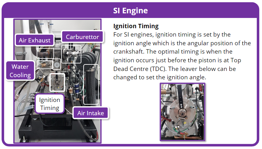 Screenshot of an Engine DLM labeling interactive. There is a photo of an S.I. engine with some parts highlighted. Students can click on them and learn the names of these parts and what they do, sometimes including close-up photos.