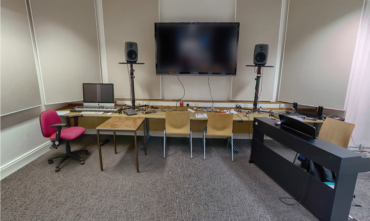 University of Bristol's audio playback room with specially-placed high-quality monitor speakers