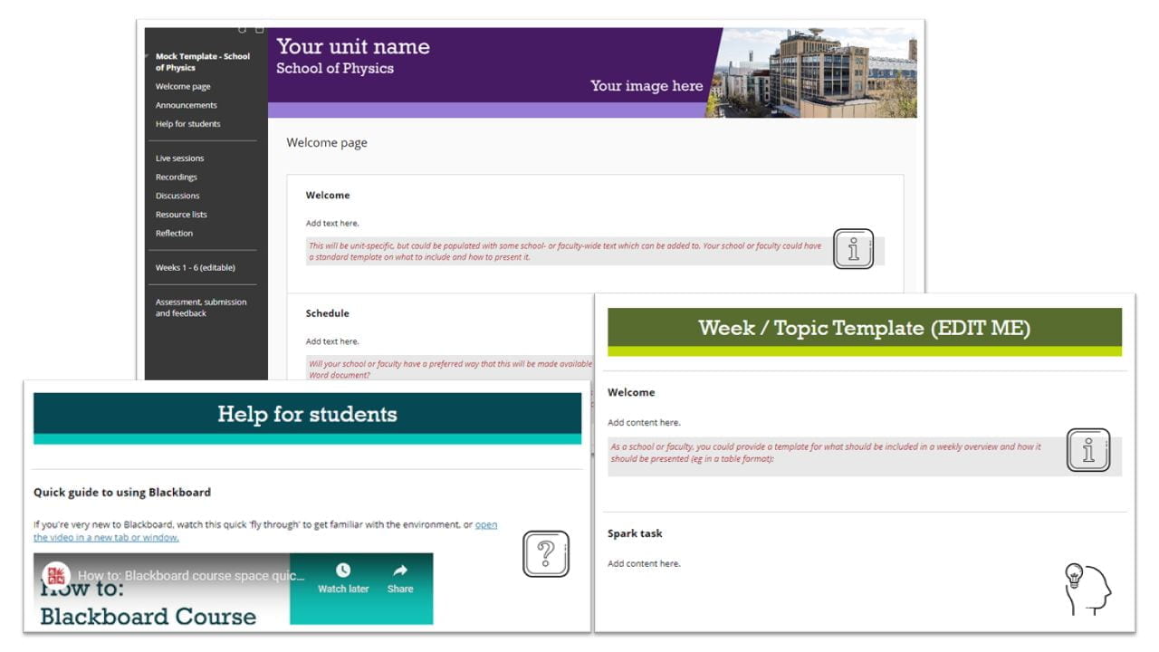 Screenshots of Blackboard templates with colourful banners for school names and sections and items with icons and instructions.