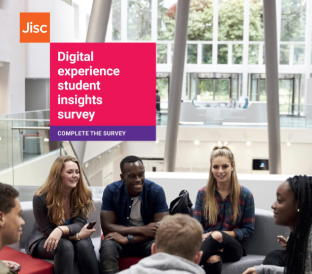 Group of students chatting. Jisc, Digital experience student insights survey. Complete the survey.