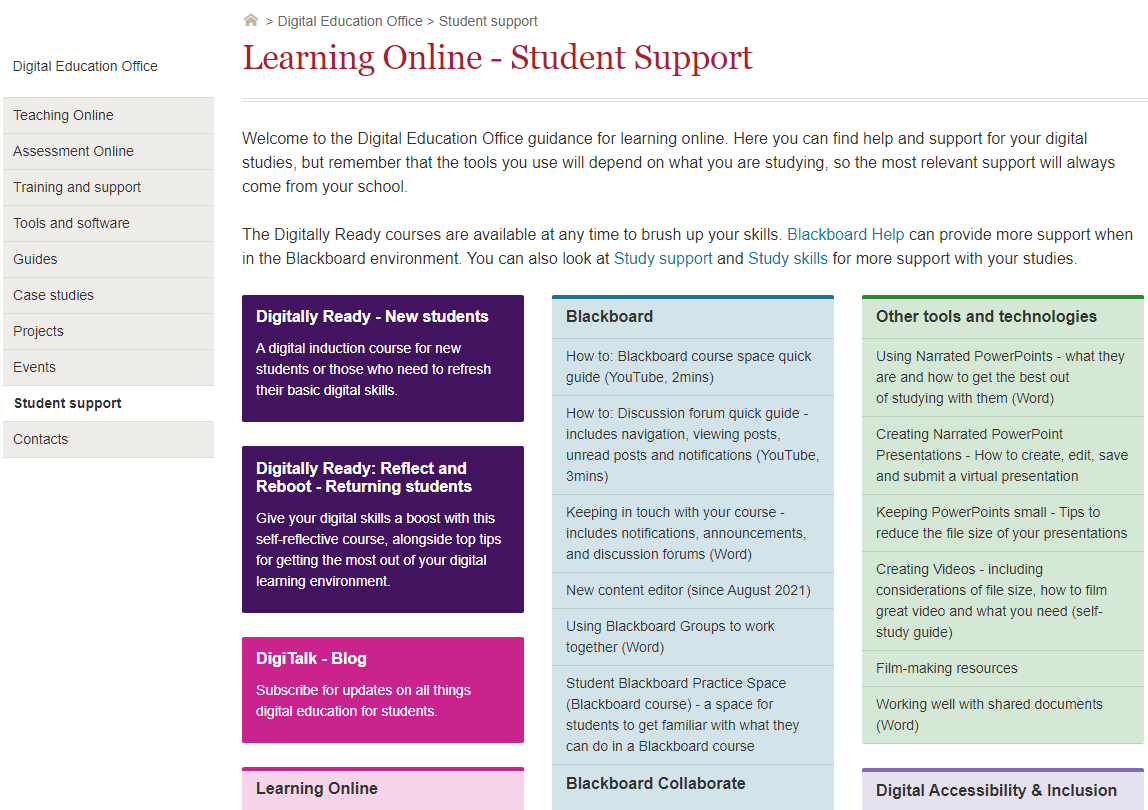 Student support- Learning Online webpage screenshot, showing links and descriptions to learning resources aimed at students, such as Digital induction and skills courses, the digitalk blog, guidance for tools, accessibility, etc.