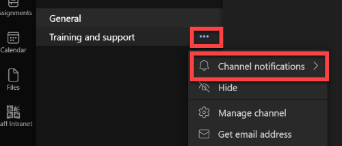 Screenshot highlighting the ... next to a channel. Clicking that shows a Channel notifications option, which can be used to change the notification settings.