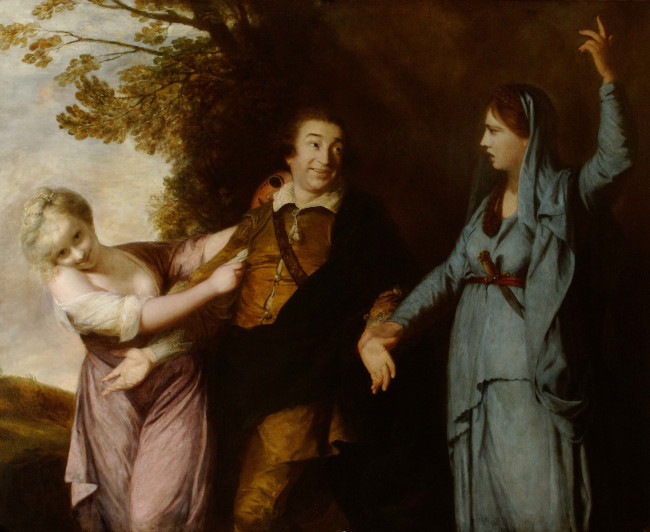 A man dressed in eighteenth century clothing between two women, one light-haired and depicting comedy and the other dark haired depicting tragedy.