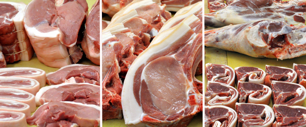 a montage of various cuts of butchered pork and lamb