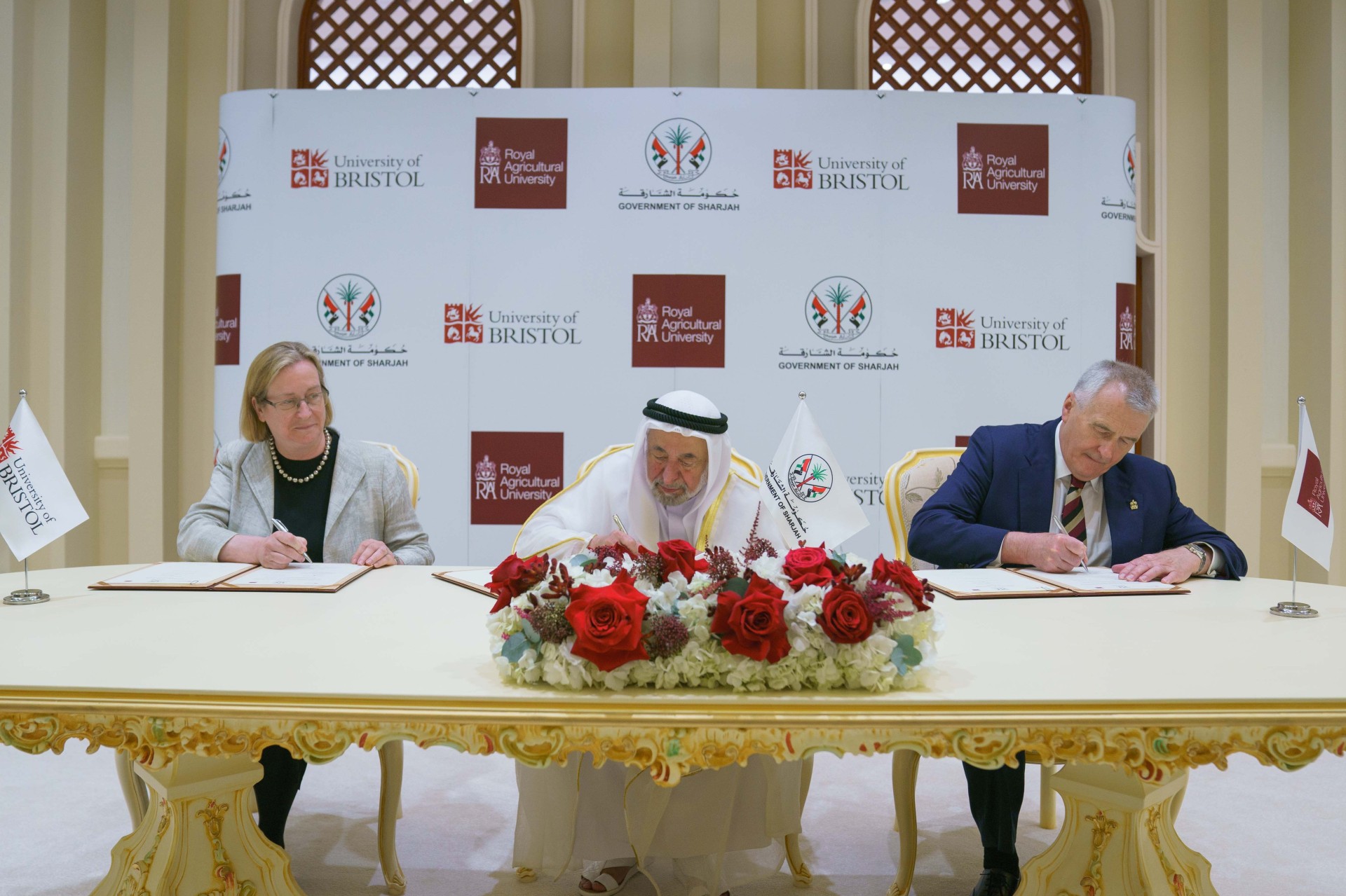 Professor Evelyn Welch (Vice-Chancellor and President of the University of Bristol), His Highness Sheikh Dr Sultan bin Muhammad Al Qasimi and Professor Peter McCaffery (Vice-Chancellor at the Royal Agricultural University) signing the Memorandum of Understanding this week in Sharjah