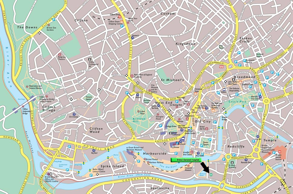 Map of Bristol City Centre with Bristol General Hospital marked