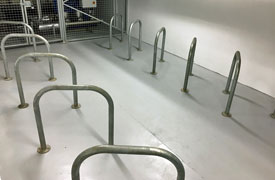 A bike storage space with 10 stands.