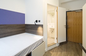 A room with a single bed against the wall and a door next to it into a bathroom.