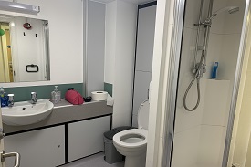 A bathroom with a toiler, sink, mirror and shower.