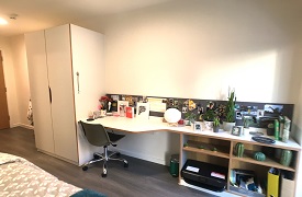 A room with a wardrobe and a desk against one wall. The desk has an office chair next to it and shelves beneath it. The shelves and desk are decorated with plants and photos.