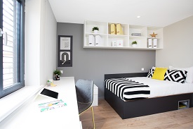 A room with a double bed in one corner, a set of shelves on the wall above it, and a desk with a chair against another wall.