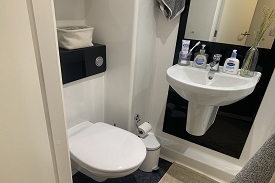 En suite bathroom with a toilet to the left and a sink to the right.