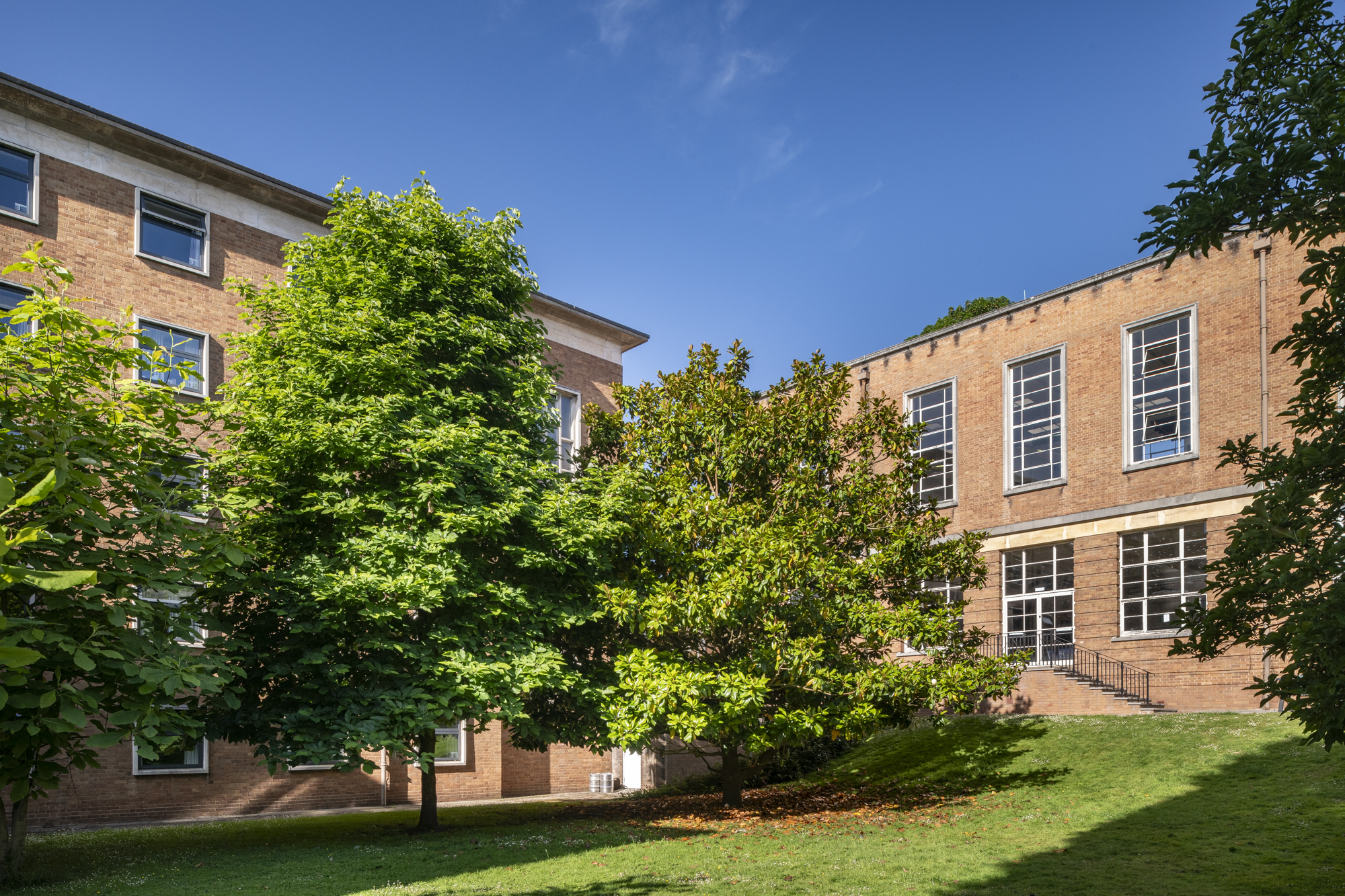 A lawn and trees in front of a red brick building.