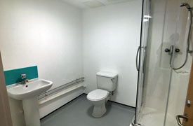 A bathroom with a toilet, sink and shower cubicle.