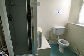A bathroom with a singular shower and toilet to the right.