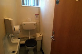 A room with a toilet and a sink.
