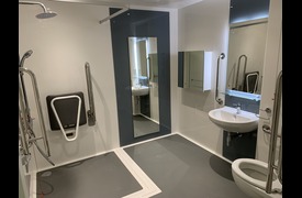 An accessible bathroom including a shower with seat and handrail, a toilet with handrail and a basin with handrail.