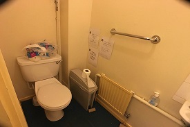 A small room with a toilet and a rail on the wall nearby.