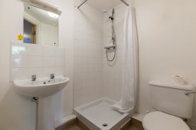 A bathroom with a toilet, sink, mirror and shower.