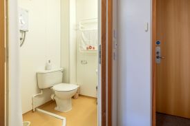 A bathroom with a toilet, a towel rail, and a power shower.