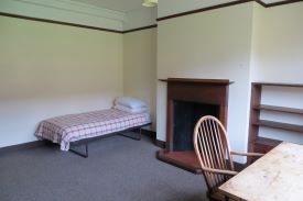 View of a bedroom with single bed, unused fireplace, shelving unit, and desk and chair