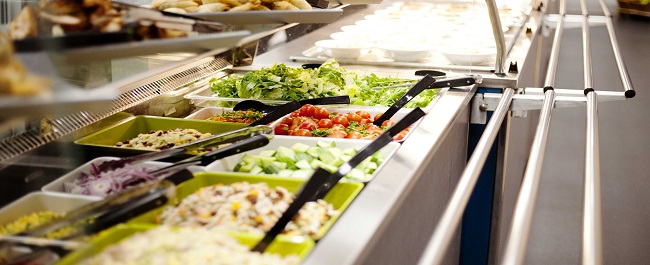 A variety of salads at the food counter in the Badock dining hall, including a couscous salad, green leaf salad, tomato salad and sweetcorn. 