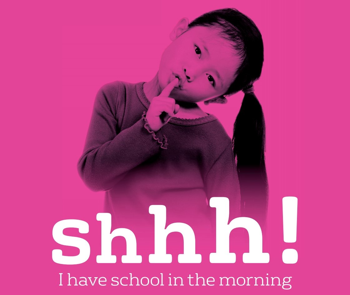 Shush campaign logo. A little girl holding her index finger up to her mouth. There is a caption that reads: 