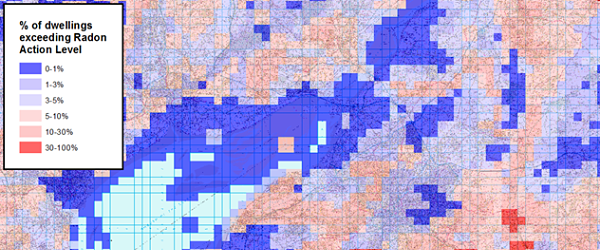 1km Radon map for the ALSPAC catchment. Contains British Geological Survey materials ©NERC 2017.