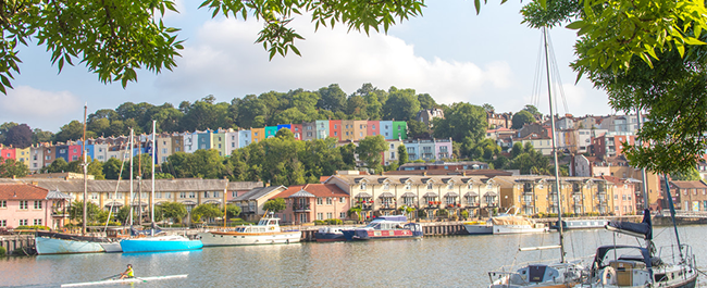 A view over the harbour towards the colourful houses of Cliftonwood