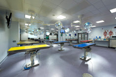 A large surgical training room, equipped with a number of dissection tables and surgical lighting rigs