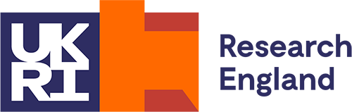 Logo: UKRI Research England text with geometric design in blue, orange and brown