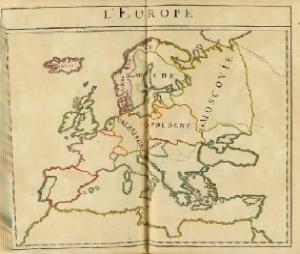 Map of Europe from Nouvelle metode pour aprende facilement et sans maitre la geografie, et les premers principes du Blazon ... Compose par M. L'abbe de Dangeau, l'un des quarante de l'academie Francoise. 1755 edition