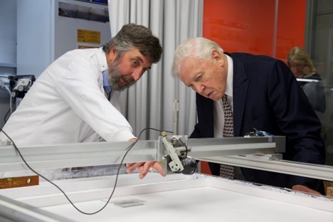 Prof Nigel Franks showing Sir David Attenborough the gantry during the opening of the new Life Sciences Building in 2014.
