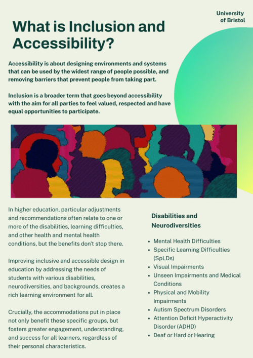 An image of the page from the Inclusive and Accessible Teaching Guide which outlines what inclusion and accessibility are.