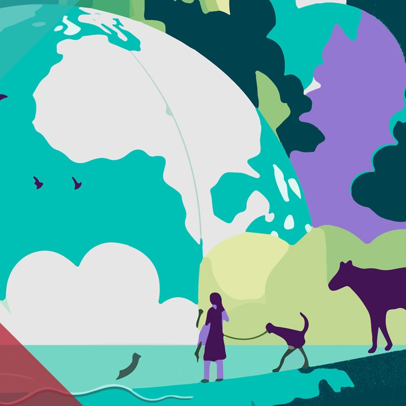 a person and some animals in silhouette looking at a earth