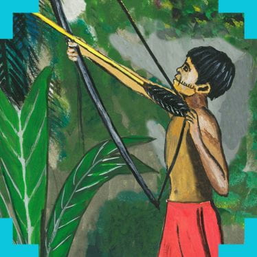 An illustration of an indigenous South American boy in the rainforest drawing a bow and arrow, they boy has stitches running along his cheek from mouth to ear