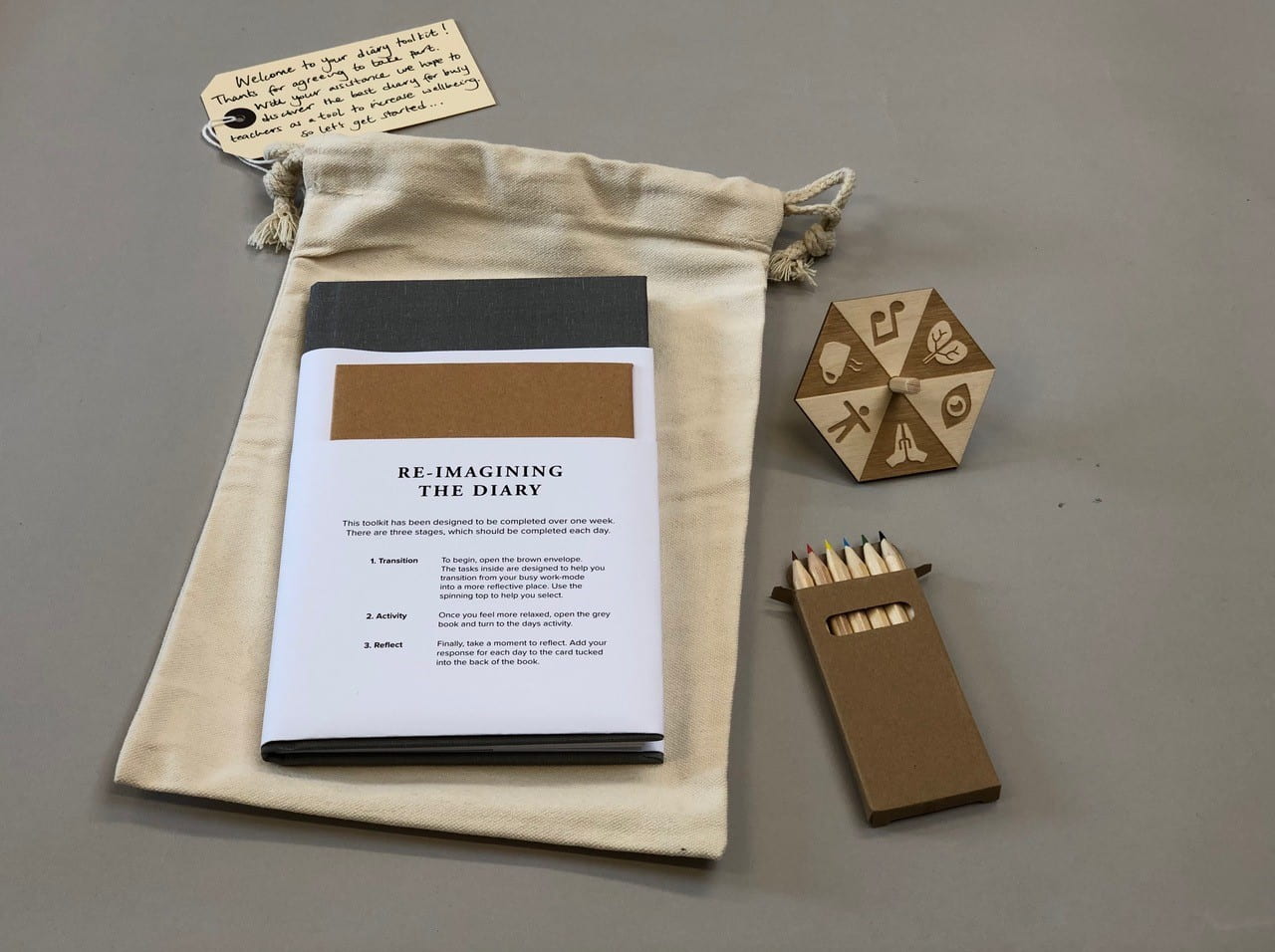 A photograph of the designed diary, a spinning top, and a pack of pencils 