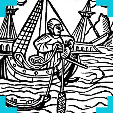 An illustration in old medieval style of a sailor in a boat holding a length of rope attached to an anchor