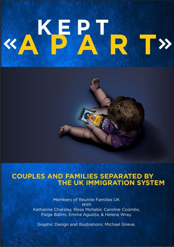 The front cover of the 'Kept Apart' book with a cover illustration of a toddler holding a smartphone looking down at the image of a woman, likely their mother. 