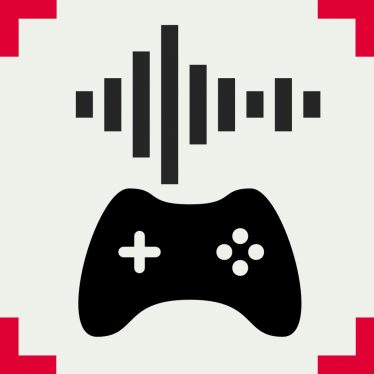 A black and white simple illustration of a video game controller with a digital soundwave above it 