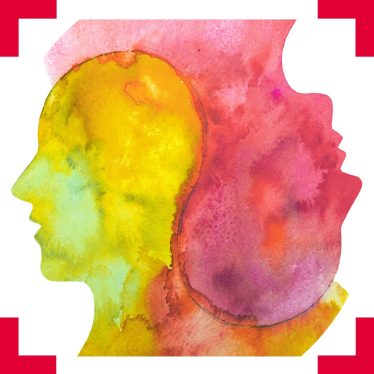 A watercolour painting of two head silhouettes in profile, one in yellow the right way up, the other in red upside down, with a perfect seam between the back of their heads